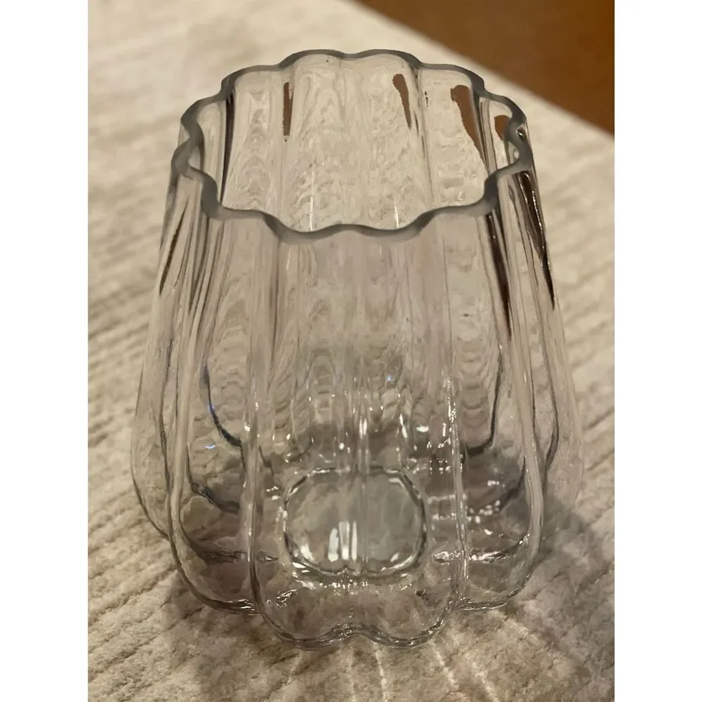 Elegant Large Clear Glass Ribbed Vase - Home Accents (8”H - 7” W) W/Faux Flowers